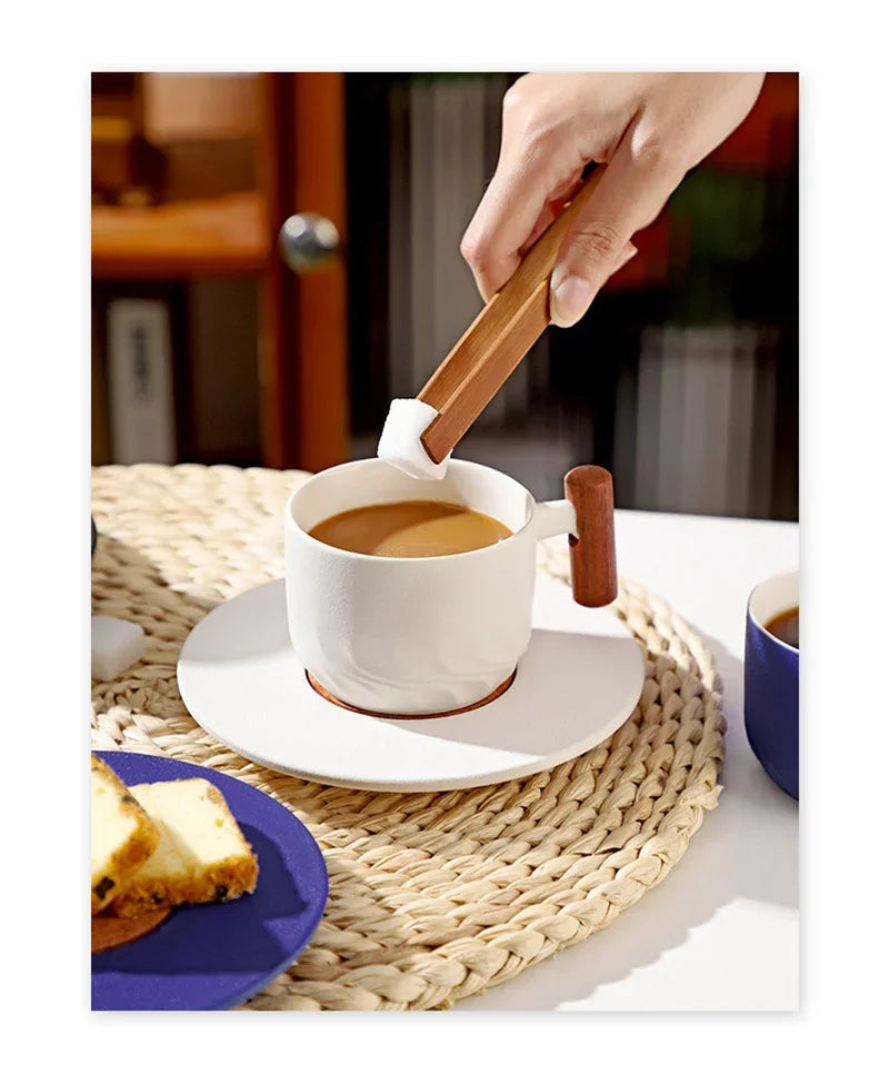 Blue Retro Ceramic Coffee Cup with Saucer 130ml Wooden Handle Tea Water Cup Filter Tea Mug Handmade Frosted Tea Coffee Cup Gift.