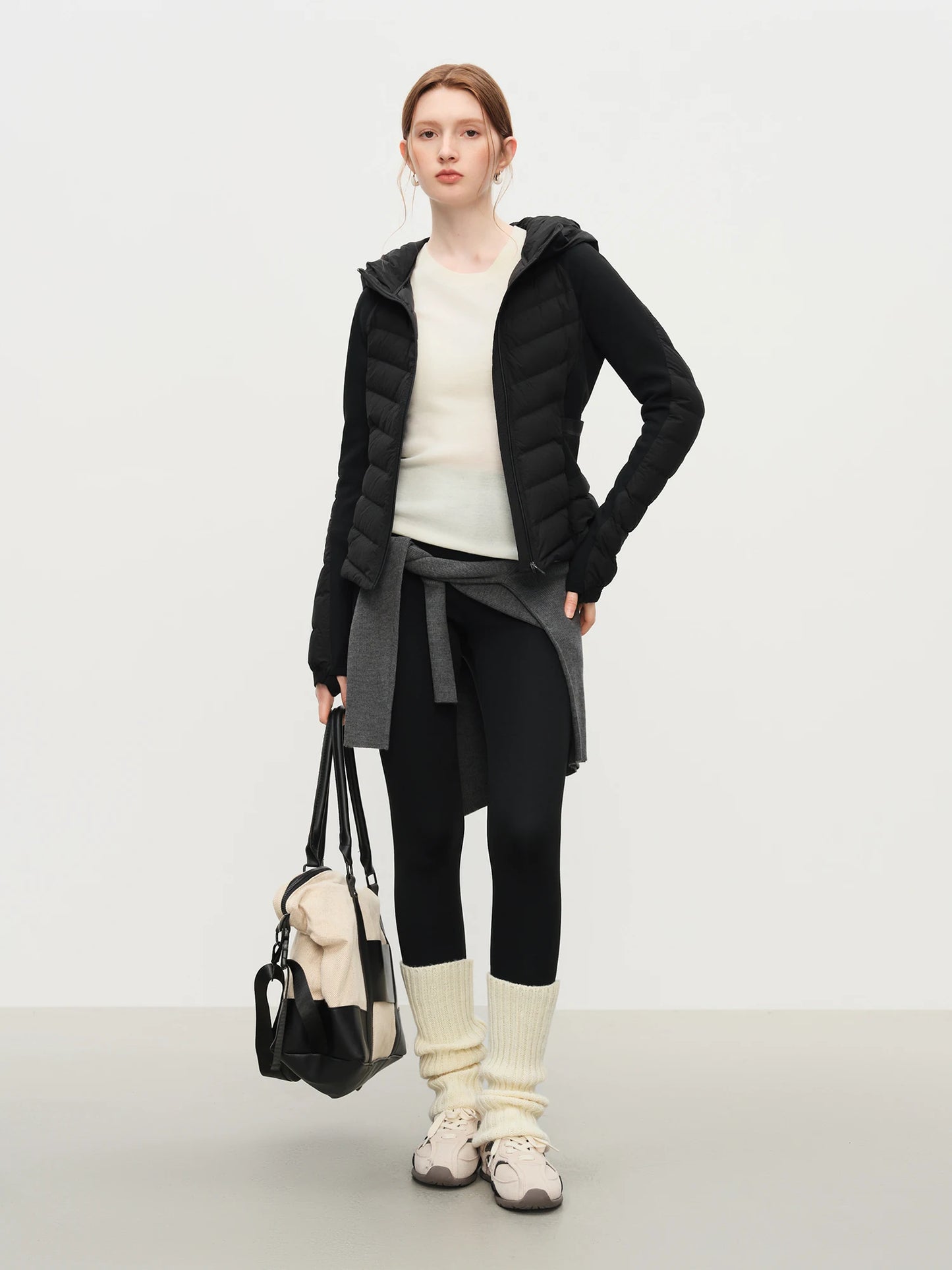 FSLE Patchwork Leichte Stretch-Strick-Kapuzenjacke 2025, Winter, Neuankömmling, schwarze kurze Daunenmäntel.