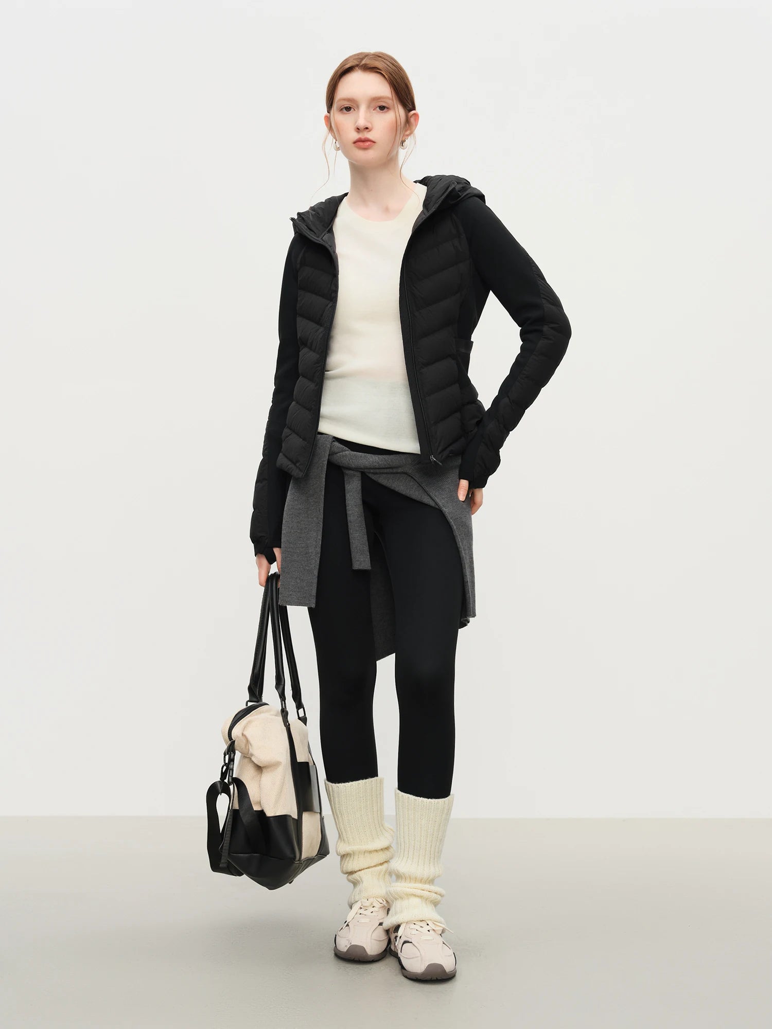 FSLE Patchwork Leichte Stretch-Strick-Kapuzenjacke 2025, Winter, Neuankömmling, schwarze kurze Daunenmäntel.