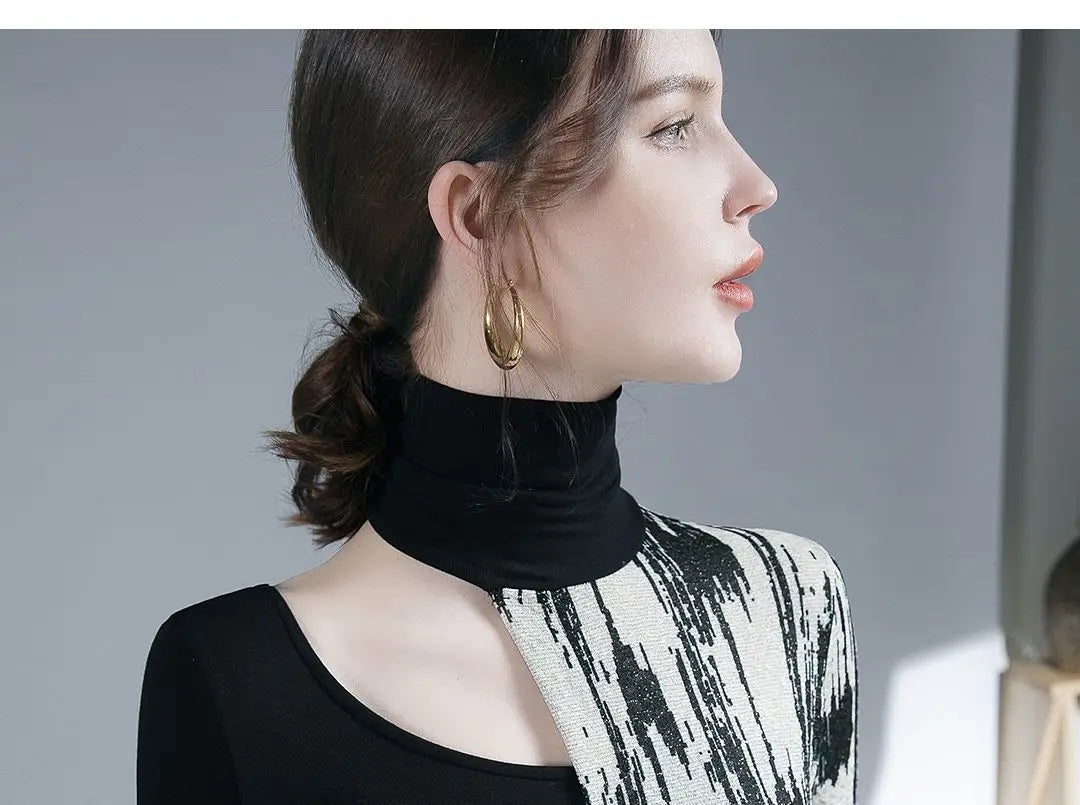 Women Design sense Printing Hollow Out Pullovers Elegant Slim Top Spring Autumn 2024 New Turtleneck Long Sleeve Fashion T-Shirts.