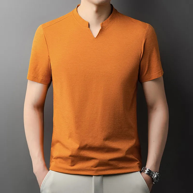 Korean Men's Casual and Fashionable Small V-neck Solid Color Short Sleeved T-shirt Comfortable Summer Versatile Top.