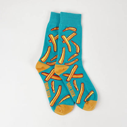 1 Pair Unisex Funny AB Style Tomato Ketchup French Fry Printed Mid-Calf Socks Suit In All Seasons.