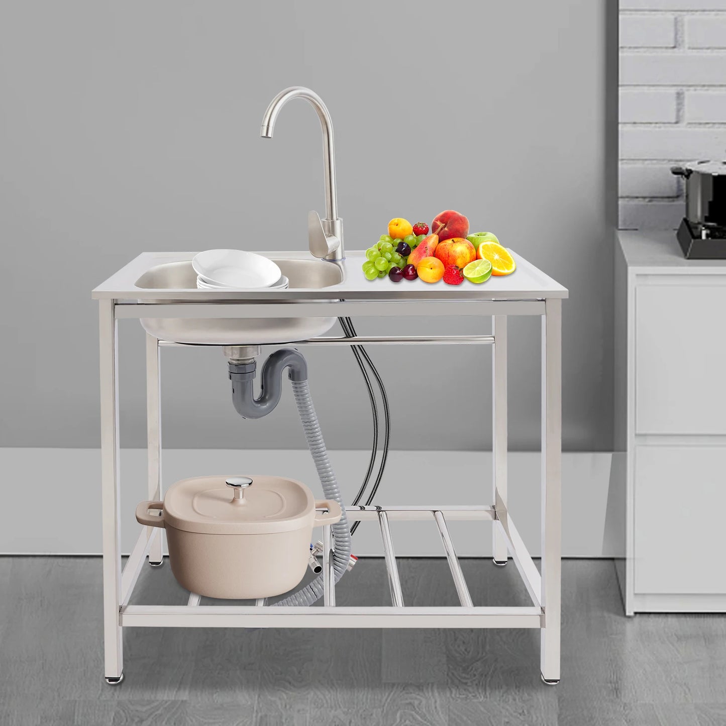 Freistehendes Waschbecken aus Edelstahl mit 360° °   Wasserhahn-Spüle mit Ablagefach, Handwaschstation für die Restaurantküche