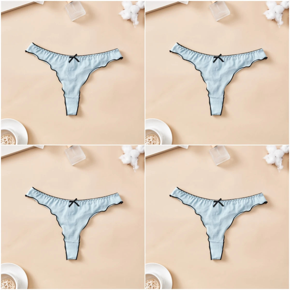 4pcs women's cotton solid color thong sexy comfortable women's underwear daily breathable T-back knitted bow cute girl low-waist