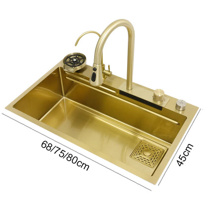 YCRAYS Golden Nano Multifunctional Kitchen Sink 4 Mode Waterfall Faucet Large Single Bowl Soap Dispenser Pure Tap Cup Washer