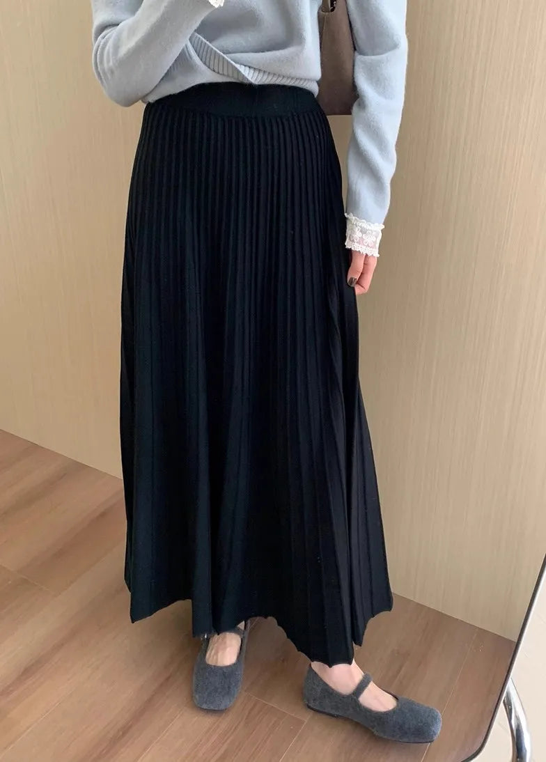 2026 Khaki Cashmere Knitted Midi Skirt for Women, Loose Fit, Draped, Slimming A-Line Pleated Skirt for Autumn and Winter