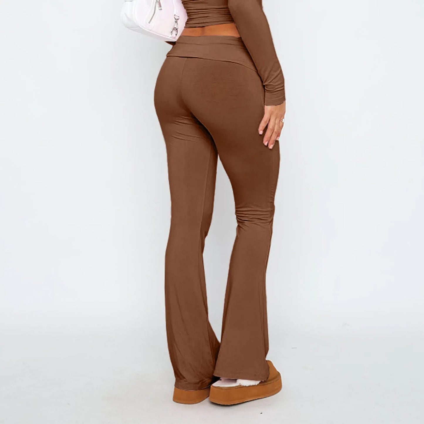 Damenmode, einfarbig, schmale Passform, schmale Reverse-Taille, niedrige Taille, elastische Taille, Schlaghose, Hose für Damen, Damenhose 2024