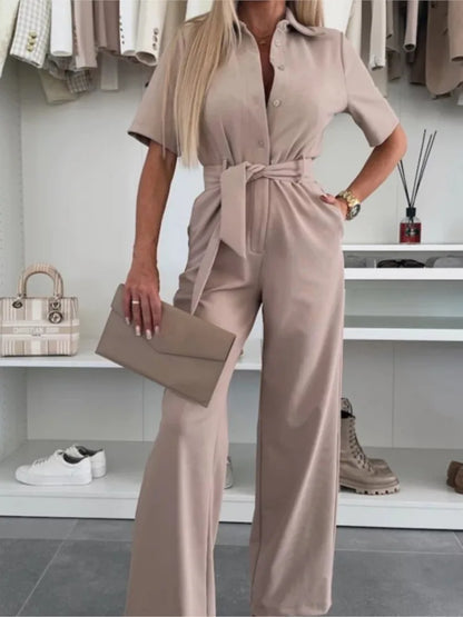 New Spring Summer Women Jumpsuits, Elegant Office Lady Jumpsuit Solid Color Belt Short Sleeve Casual Overalls Wide Leg Pants.