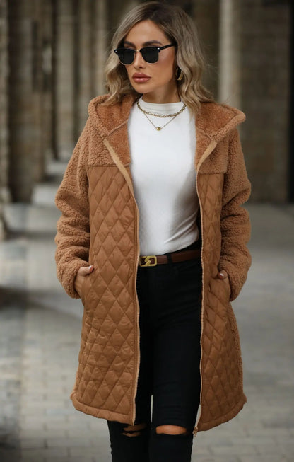 FairyShely 2025 Winter Solide Frauen Jacke Dicken Plüsch Mit Kapuze Warme Lange Hülse Langen Mantel Weiche Zipper Patchwork Strickjacke Dame Mantel.