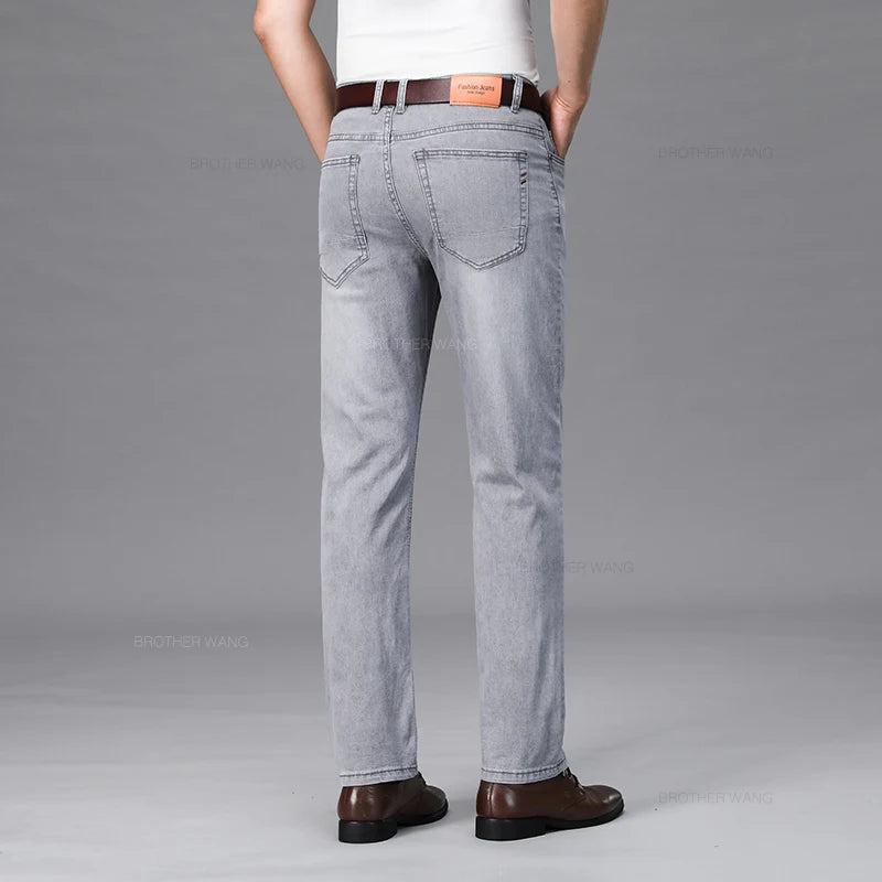 Brand Men's Fashion Summer Thin Jeans Comfortable Stretch Cotton Business Straight Casual Denim Pants Light Gray Blue Pants.