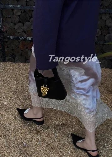 High-End Retro Satin Lace Stitching Skirt Women's 2024 Summer High Waist Slimming Court Style Temperament Mid-Length Skirt