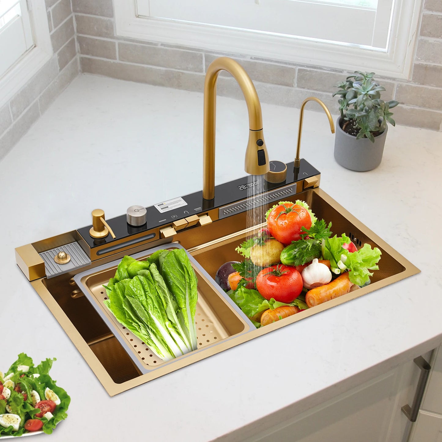 Gold 1/2" Multifunktionale digitale Wasserfallspüle Wasserfall-Küchenspüle Digitalanzeige Vielseitige Bars, Balkone Spüle