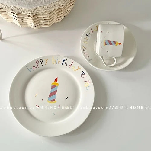 Korean Plate Designer Cute Happy Birthday Tableware Ceramic Coffee Cup Plate Dessert Cake Plate Cup Creative Birthday Gift