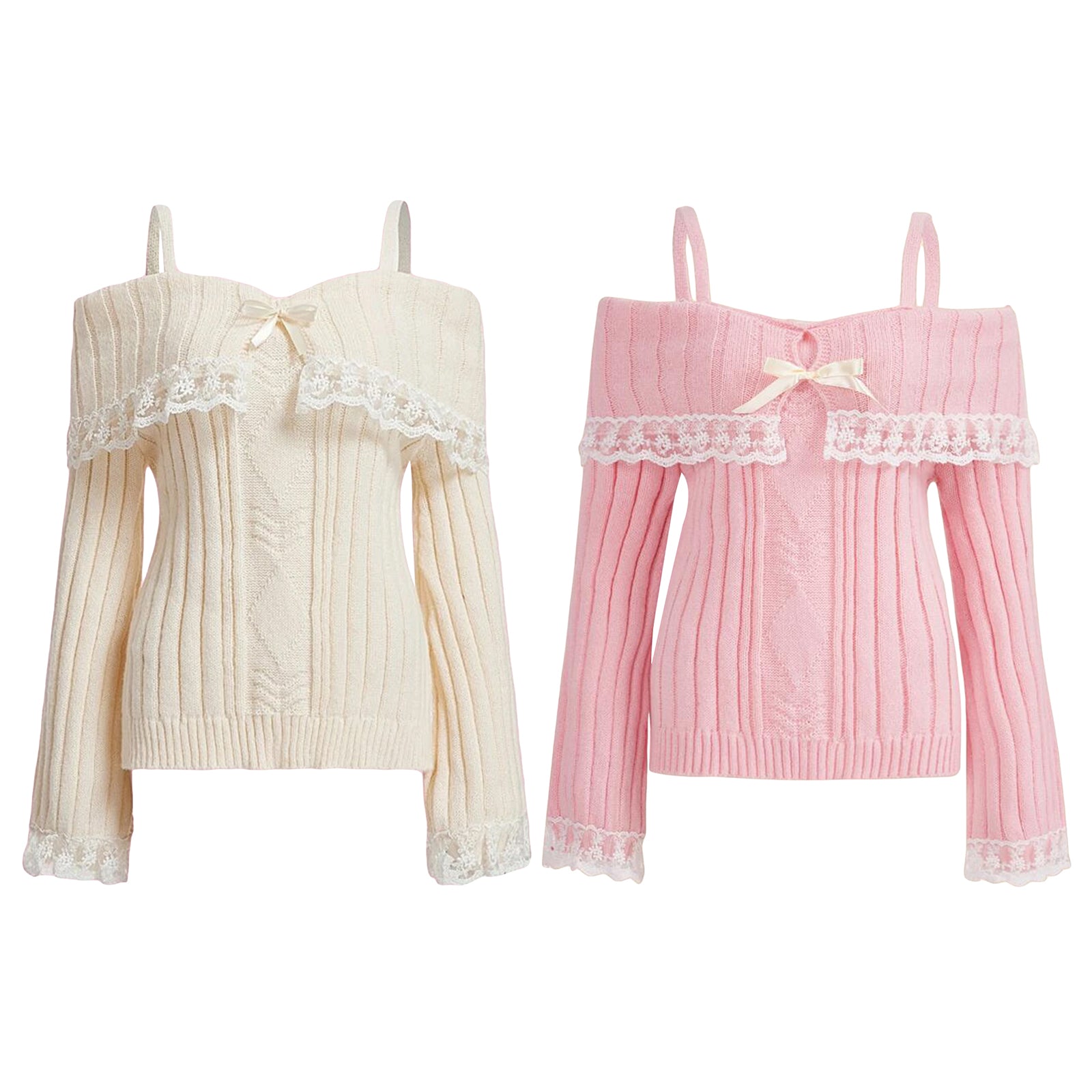 Grunge Frauen Schulterfrei Strickpullover Rosa Pullover Süße Pullover Langarm Schleife Spitze Patchwork Pullover Y2k Streetwear.