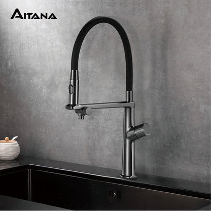 AITANA Luxury Brass Gun Grey Pull out 2-Function Kitchen Faucet Single Handle Cold and Hot Water Pure Water Design Sink Tap
