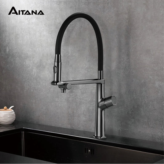 AITANA Luxury Brass Gun Grey Pull out 2-Function Kitchen Faucet Single Handle Cold and Hot Water Pure Water Design Sink Tap