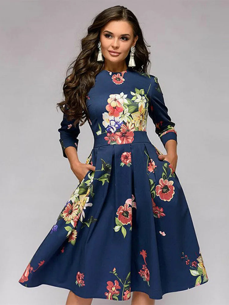 Vintage plissierten tunika druck kleid frauen Elegante damen A linie kleider langarm weibliche herbst mixi party kleid vestidos.