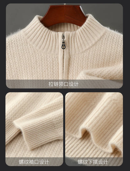 Men's 100% Merino Wool Thicken Sweater Half Zipper Mock Collar Pullover Autumn Winter Cashmere Knitwear Business Casual Clothing.