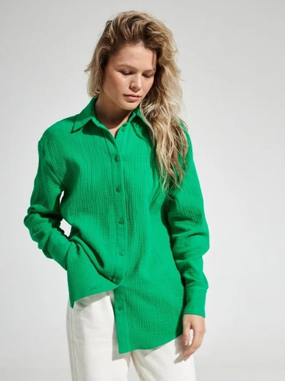 Muslin 100% Cotton Gauze Crepe For Women Shirts Blouse Turn Down Long Sleeve Single-Breasted Office Lady Loose Top Blusas Mujer