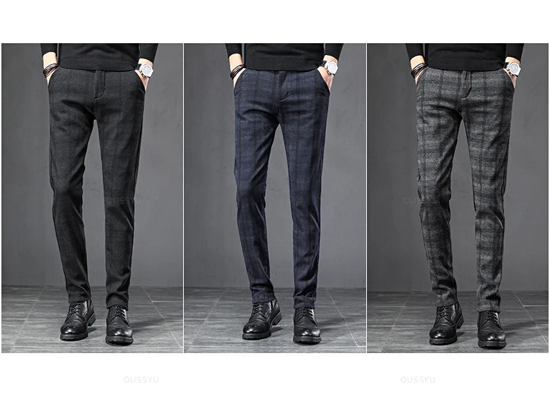 2025 New Spring Autumn England Plaid Work Stretch Pants Men Business Fashion Slim Grey Blue Casual Pant Male Brand Trousers 38.