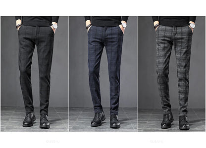 2025 New Spring Autumn England Plaid Work Stretch Pants Men Business Fashion Slim Grey Blue Casual Pant Male Brand Trousers 38.