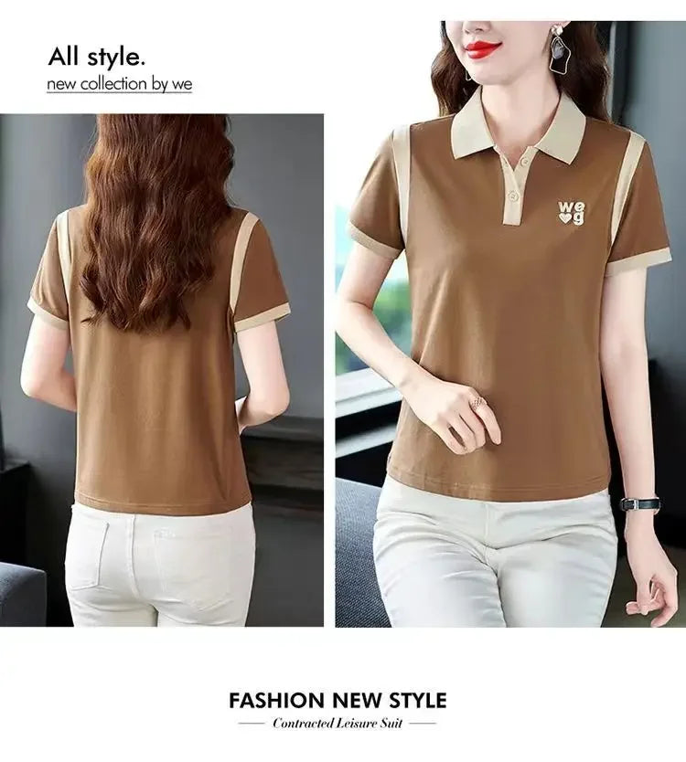 Fashionable Short Sleeve Polo Shirt Women's Summer Sporty Hong Kong Style Top High End Mixed Fabric Slim Fit T-Shirt