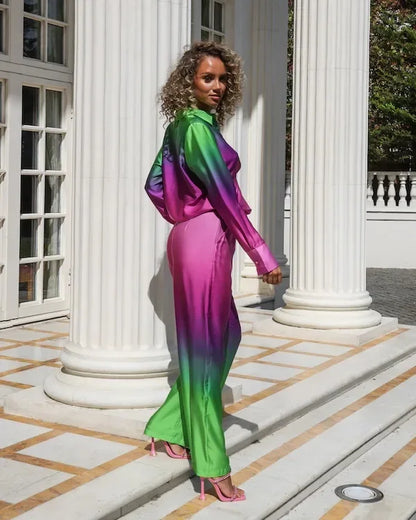 Female Casual Outfit New Summer Print Suits Woman Vintage Printed Long-sleeved Shirt and Loose Wide Leg Pants Set Two Piece Set.