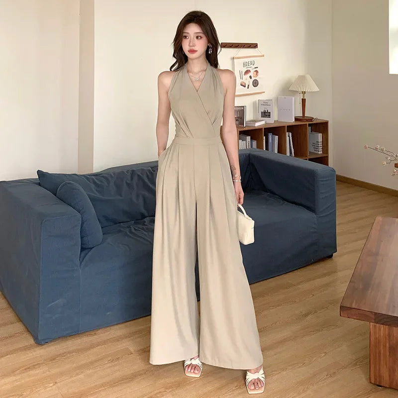 French Vintage Polyester Halter One-Piece Pants Women's Summer Business Commute High Waist Slimming Versatile Suit Long Pants.