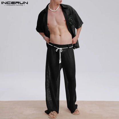 INCERUN Men Sets Mesh Patchwork See Through Sexy Short Sleeve Shirts & Pants Two Pieces Sets Streetwear 2025 Men's Casual Suits.