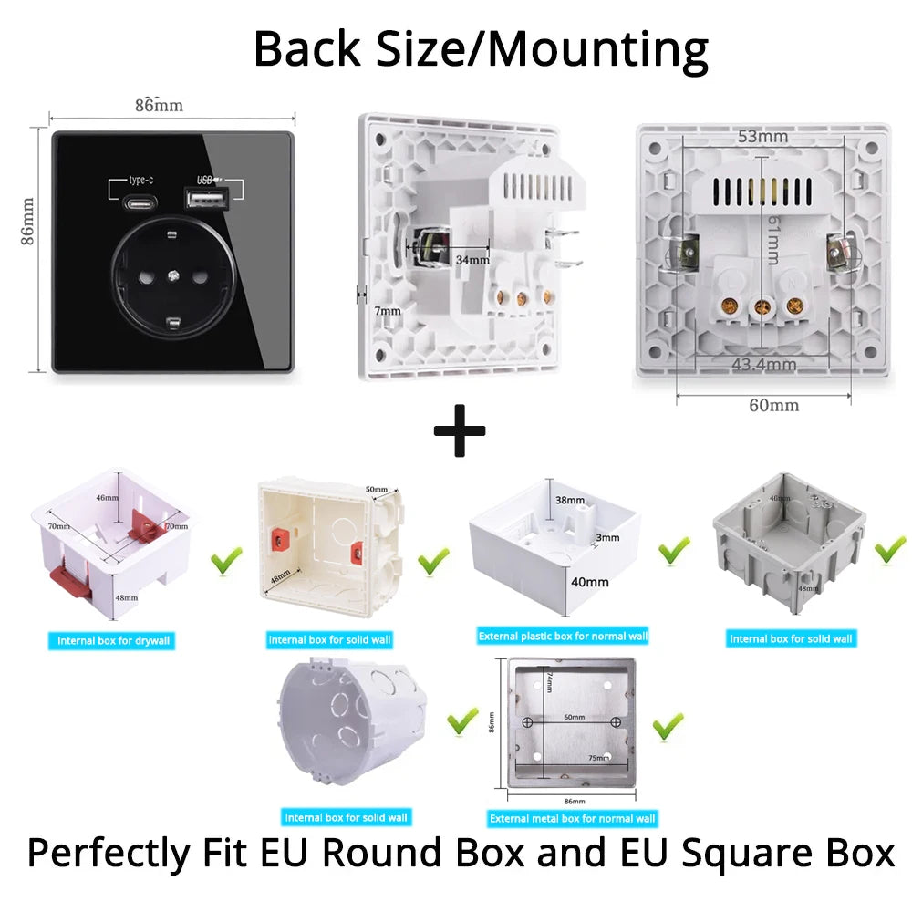 Coswall Typ-C-Schnittstellensteckdose, Vollspiegel, Kristallplatte, schwarze Wand, EU, Russland, Spanien, französische Standardsteckdose mit USB-Ladeanschluss