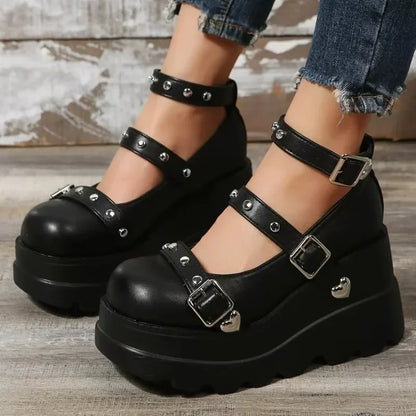 Women Pumps Mary Jane Super High Heel Platform Wedge Spring Ladies Sandals Belt Buckle Classic Sweet Punk Female Lolita Shoes.