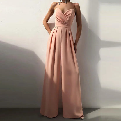New Spaghetti Strap Slim High Waist Jumpsuits Fashion Ladies Solid Color Office Wide Leg Rompers Elegant Pleated Simple Playsuit.