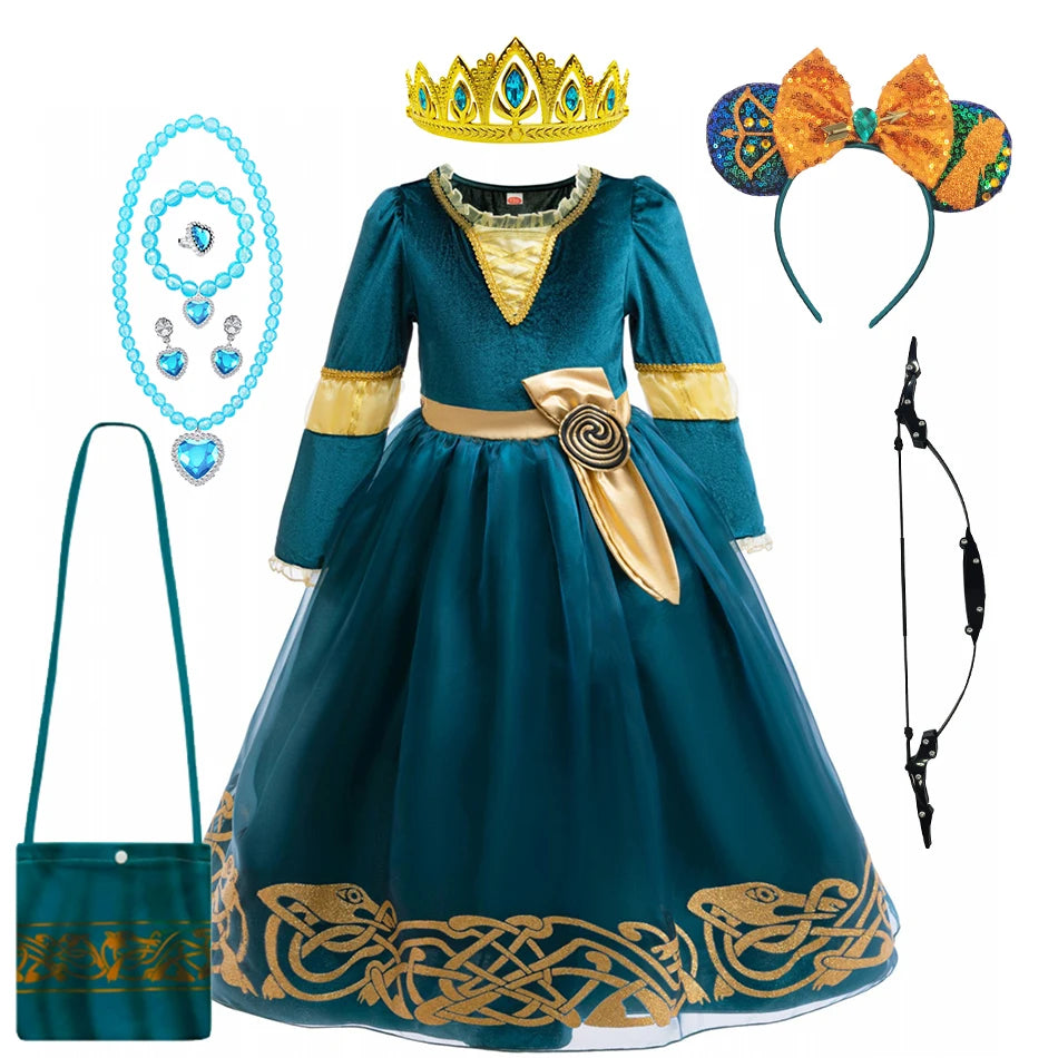 Girls Merida Cosplay Princess Dress Children Stage Performance Clothes Kids Halloween Carnival Party Long Sleeves Outfits