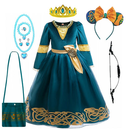 Girls Merida Cosplay Princess Dress Children Stage Performance Clothes Kids Halloween Carnival Party Long Sleeves Outfits