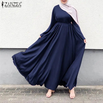 Frauen Lerisure Muslimischen Lange Kleid Übergroßen Vestidos ZANZEA 2023 Sommer Frühling Flare Ärmeln Soild Weibliche Türkische Robe Abaya