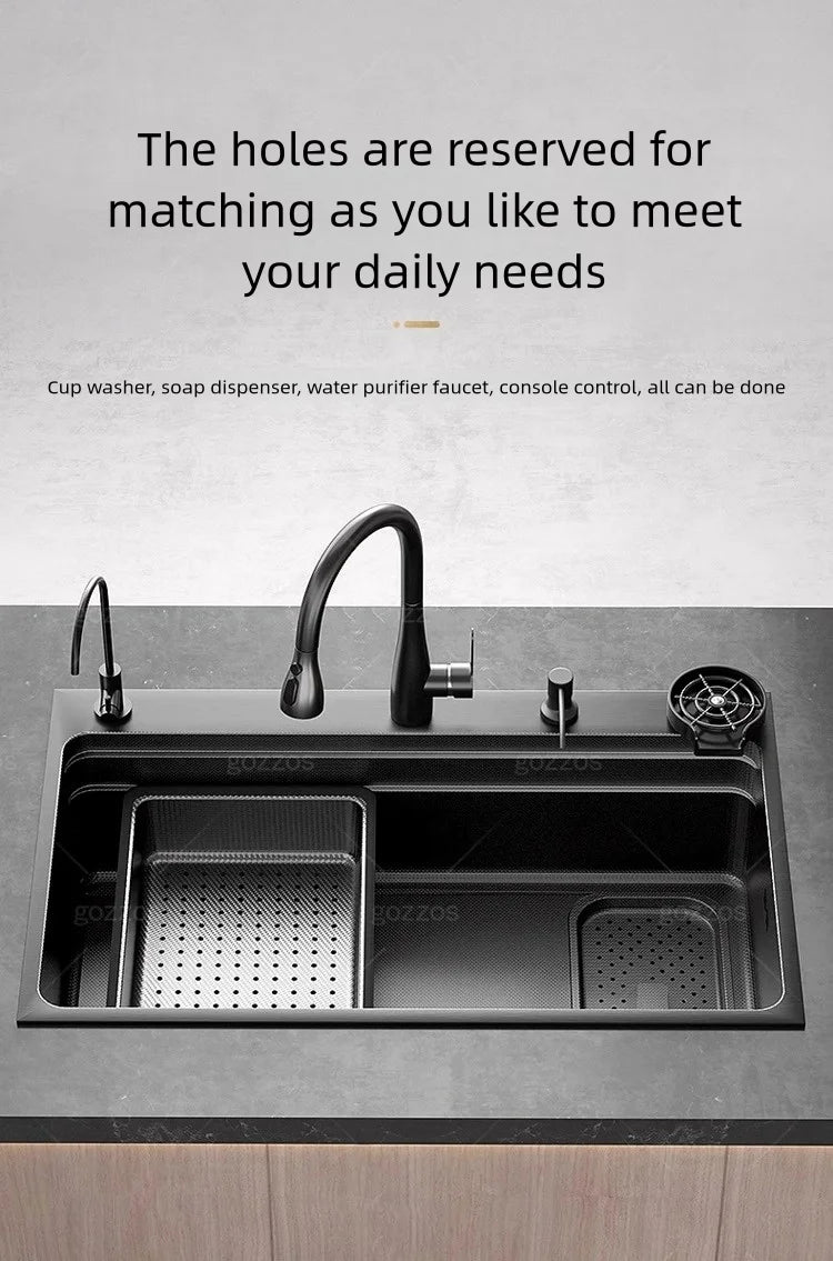 Black 304 Stainless Steel Kitchen Sink Household Multifunction Wash Dish and Vegetables Basin Large Single Slot Undermount Basin