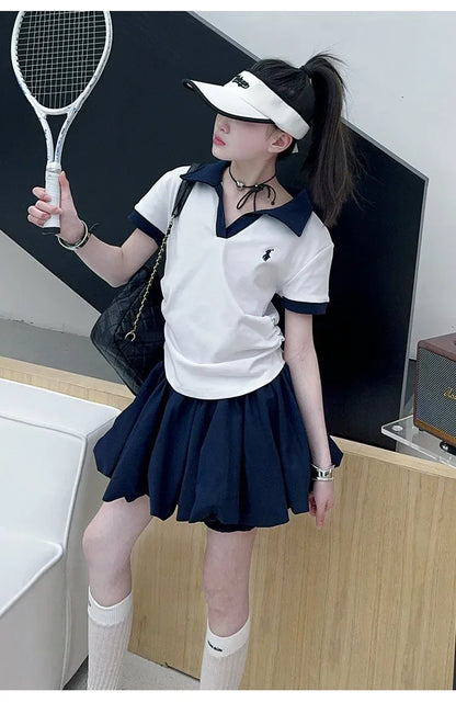 Girls Summer New Fashion Korean Style School Sports Short Sleeve T-Shirt And Bloomers Two-Piece Set White Floral Print Outfit.