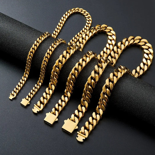 316 Stainless Steel Plated 18k Gold Fashion 8.10.12mm Encrypted Cuban Chain Miami Rap Hip Hop Men's Bracelet Accessory.