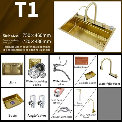 Waterfall Kitchen Sink Gold 304 Stainless Steel Modern Multifuctional Large Sink  Above Counter Apron Front Installation
