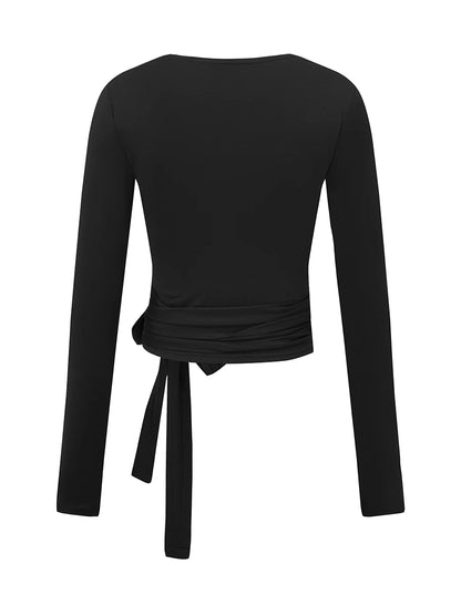 Solid Color Tie-Up Front V-Neck Long Sleeve Bottoming Shirt Women Fitness Yoga T-Shirts Seamless Workout Tops.