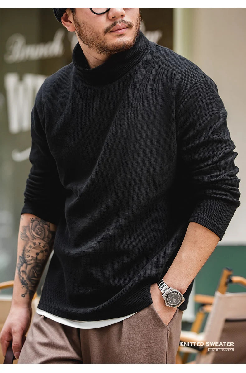 Maden Casual Gray Knitted Turtleneck Sweaters Men's Vintage 310g High Collar Waffle Pullovers Basic Fashion Black Warm Jumper.