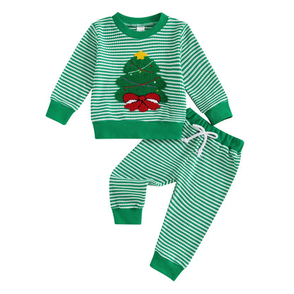 Weihnachts-Baby-Kleidung aus Baumwolle, 2-teiliges Set, 0–3 Jahre, gestreiftes Sweatshirt und Hose für Kleinkinder mit besticktem Weihnachtsbaum-Outfit.