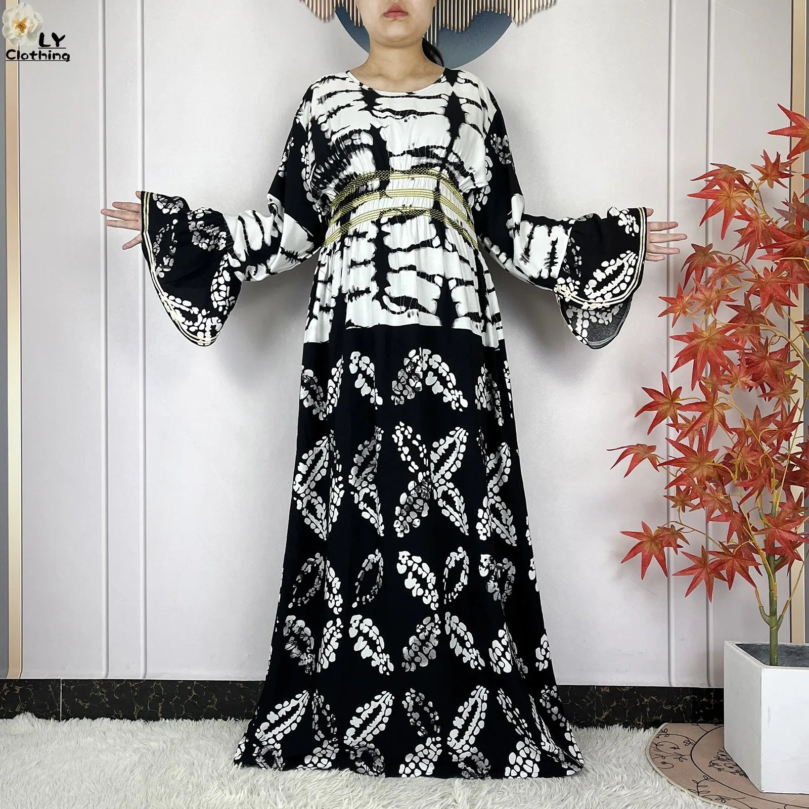 New Women Party Dress Dubai Muslim Summer Cotton Long Sleeve Collect Waist Boubou Maxi Islam Women Elegant Dress African Abaya.