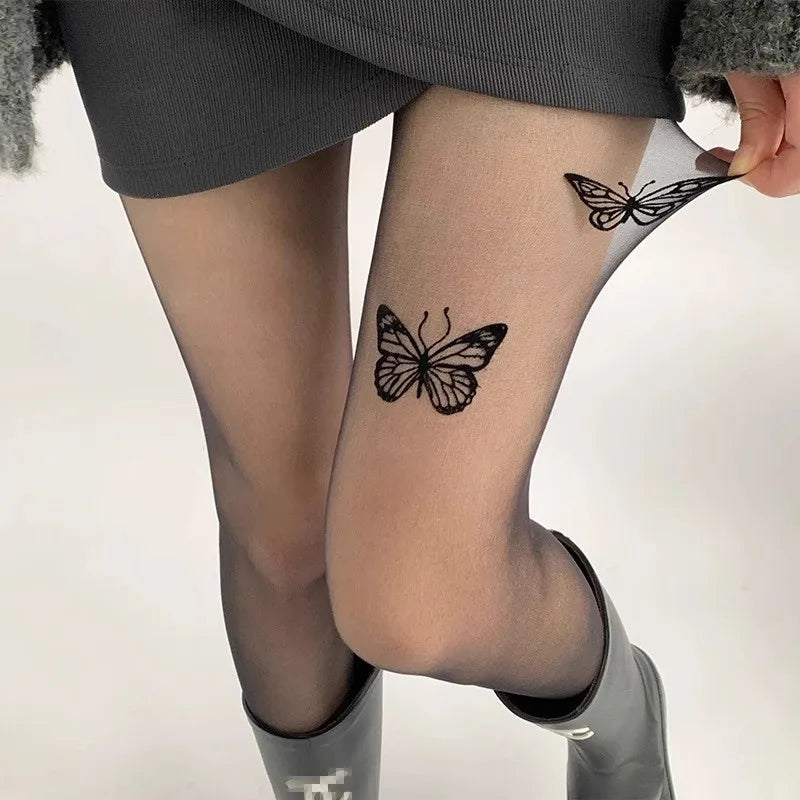 Sexy Butterfly Tights Vintage Y2K Fake Tattoo Butterfly Black Transparent Silk Pantyhose Women Lolita Summer Ultra-thin Stocking.