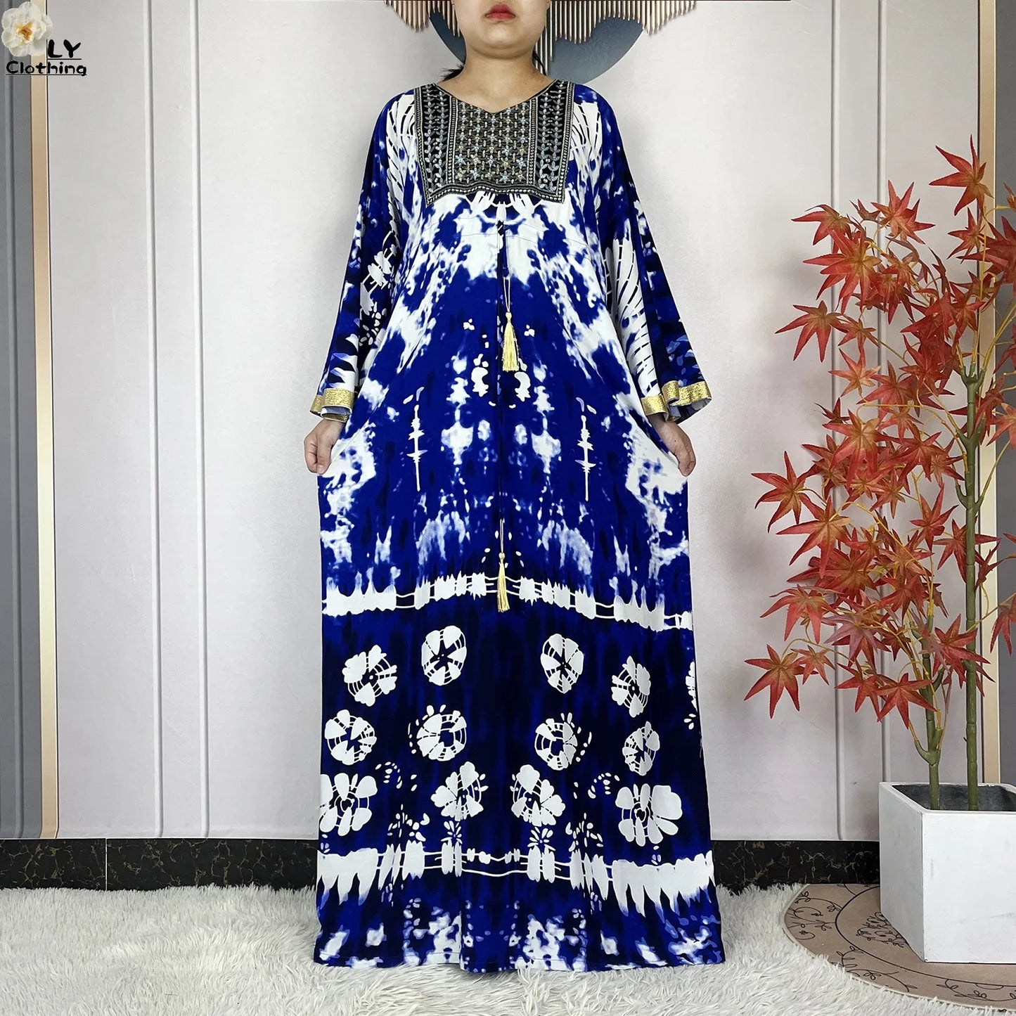 2025 New African Abaya For Women Dress Loose Batwing Sleeve Pockets High-quality Tie-dye Pure Cotton Fabric Women Islam Clothing.