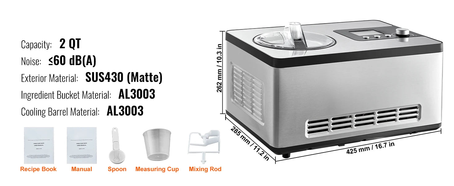 SucceBuy Automatic Ice Cream Maker with Built-in Compressor 2 Quart No Pre-freezing Fruit Yogurt Machine Electric Sorbet Maker.