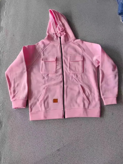 New Autumn Winter Men's Hooded Solid Hoodies Jackets Multi Pockets Male Zipper Sweatshirts Sports Outdoor Casual Hoodie Coat.