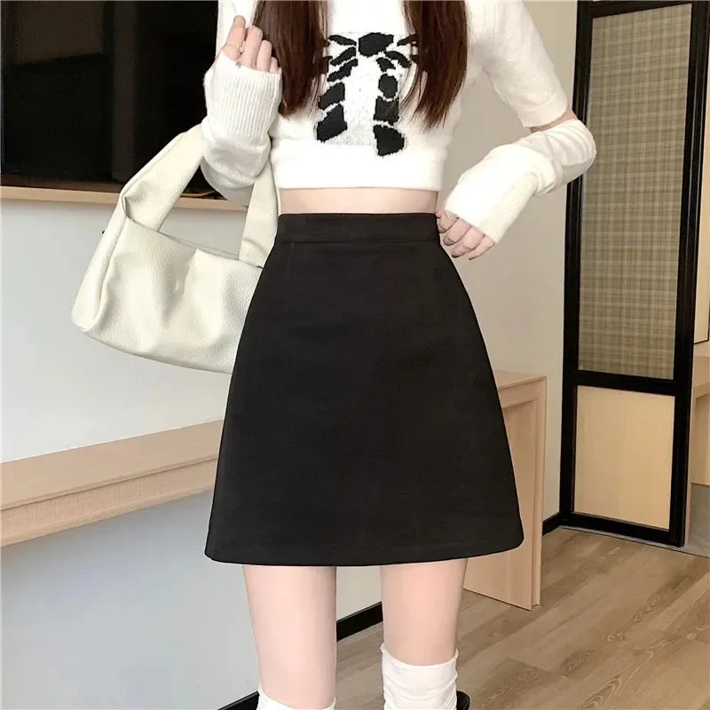 Autumn Winter Womens Woolen Skirt 2024 New Korean Style High Waist Bodycon Mini Skirts Ladies College Style Zipper A-Line Skirt.