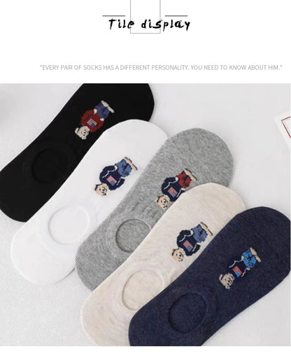 5 Pairs of Super Cute Bear Embroidered Cartoon Bear Boat Socks, Soft and Comfortable, Sweat Wicking and Versatile Short Socks.