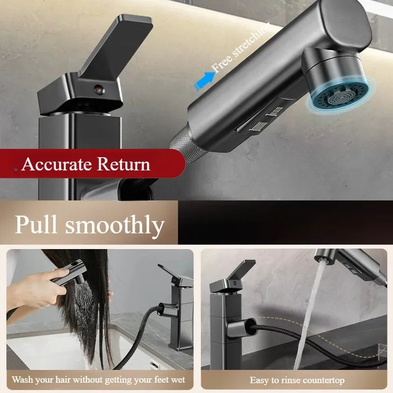 Pull Out Bathroom Faucet Hot and Cold Water Mixer Basin Sink Three Mode Water Outlet Faucet Washbasin Tap